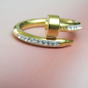 Gold-Toned Nail Shape Ring with Embedded Crystals – Royal Reflection DS