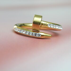 Gold-Toned Nail Shape Ring with Embedded Crystals – Royal Reflection DS