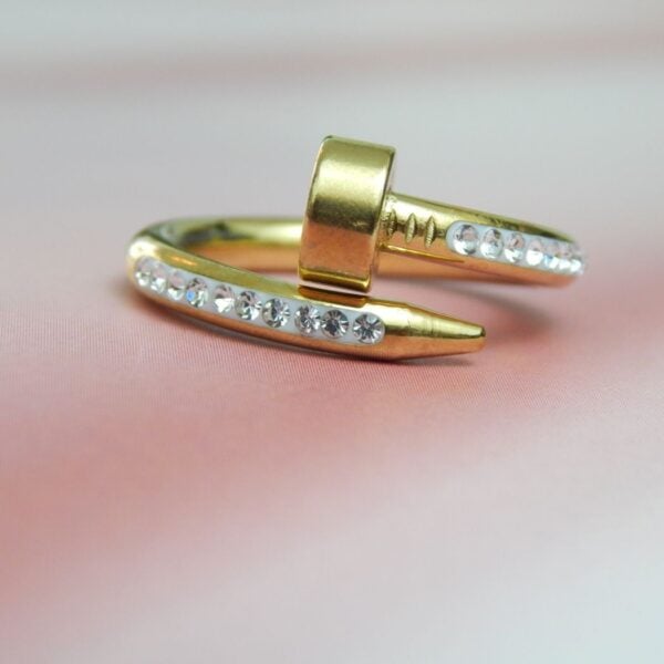 Gold-Toned Nail Shape Ring with Embedded Crystals – Royal Reflection DS