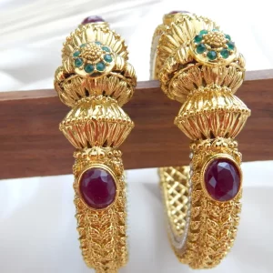 Antique gold temple kada set with ruby and emerald style stones — pair view