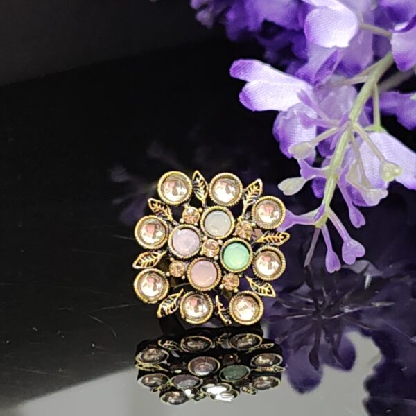 Golden Glow Pastel Adjustable Ring with Leaf Motif and Enamel Accents – Royal Reflection DS