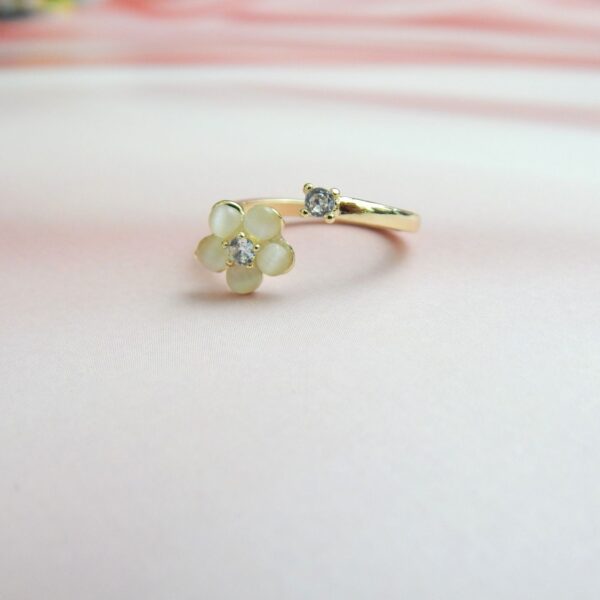 Ivory Blossom Adjustable Ring with Gold-Tone Band and Crystal Flower – Royal Reflection DS