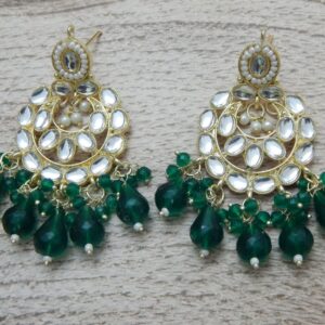 Kundan Teardrop Necklace Set with Green Beads, Earrings and Maang Tikka – Royal Reflection DS