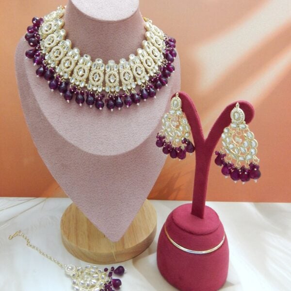 Navratri Red Jewellery - Royal Reflection DS Kundan Teardrop Necklace Set with Maroon Beads, Earrings and Maang Tikka – Royal Reflection DS