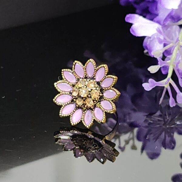 Lavender Pink Floral Ring with Crystal Center and Gold Accents – Royal Reflection DS