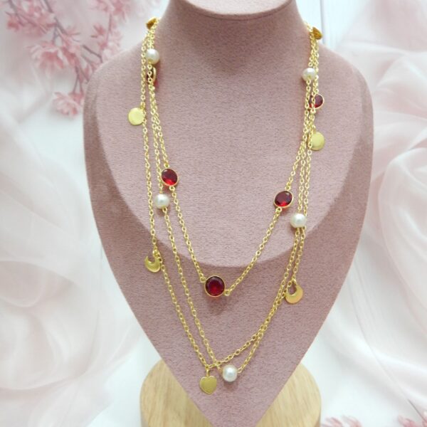 Triple Layer Gold Necklace with Red Stones, Pearls, and Metal Charms – Royal Reflection DS