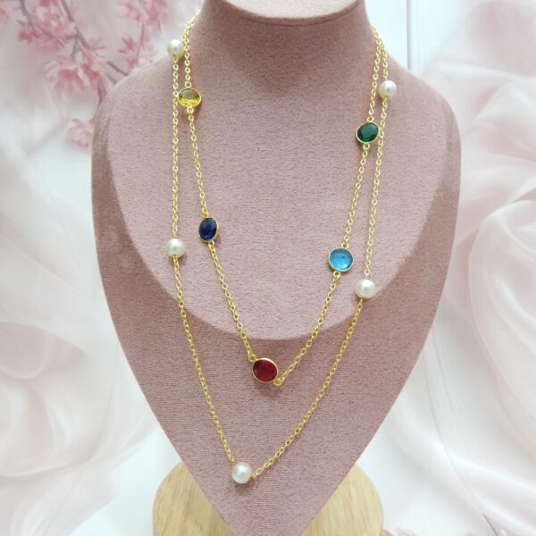 Layered Gold-Toned Necklace with Multicolored Stones and Pearls – Royal Reflection DS