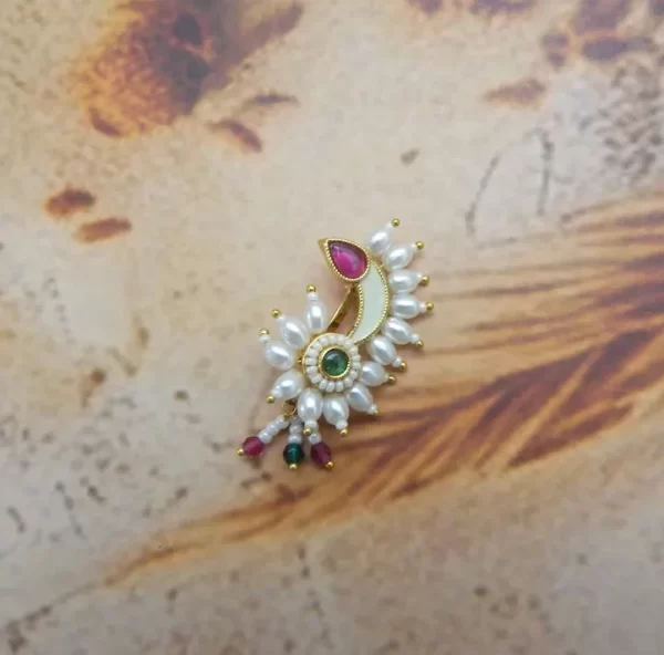 Leaf drop nath with green center, white pearl cluster, and red top accent – imitation designer nose ring for ₹220