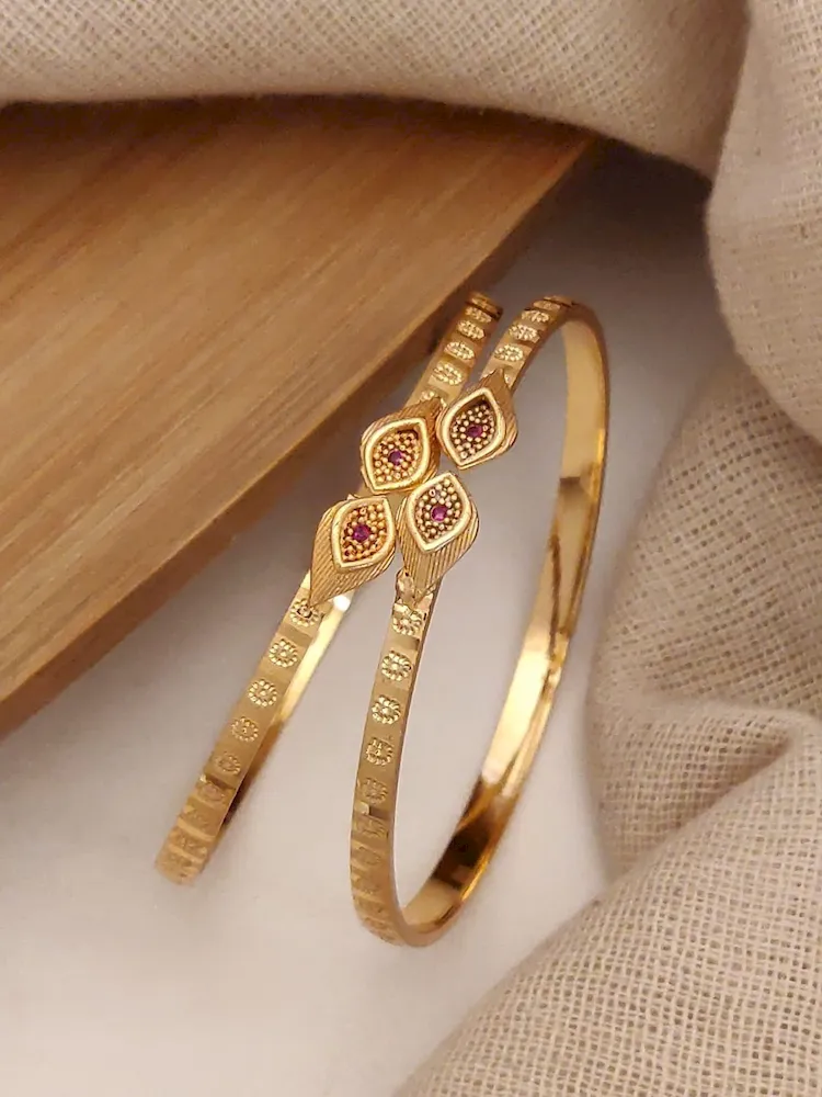 Gold-Plated Kada Pair with Leaf Design and Matte Textured Finish – Royal Reflection DS