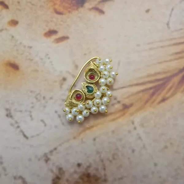 Lotus motif nath with pearl fringe, red and green stones – imitation nose ring for ₹125