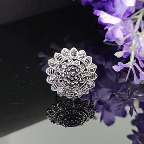 Mandala Bloom Oxidised Adjustable Ring with Intricate Petal Design – Royal Reflection DS