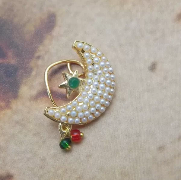 Crescent moon-shaped Nath with white pearls and green star – budget imitation nose ring under ₹70