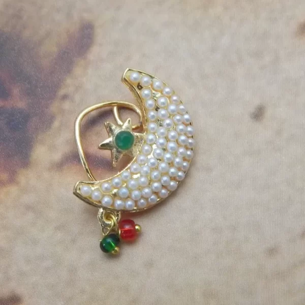 Crescent moon-shaped Nath with white pearls and green star – budget imitation nose ring under ₹70