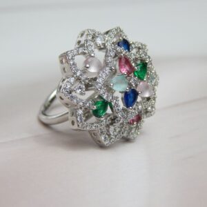 Multicolor Stone Floral Statement Cocktail Ring in Silver Finish – Royal Reflection DS