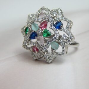 Multicolor Stone Floral Statement Cocktail Ring in Silver Finish – Royal Reflection DS