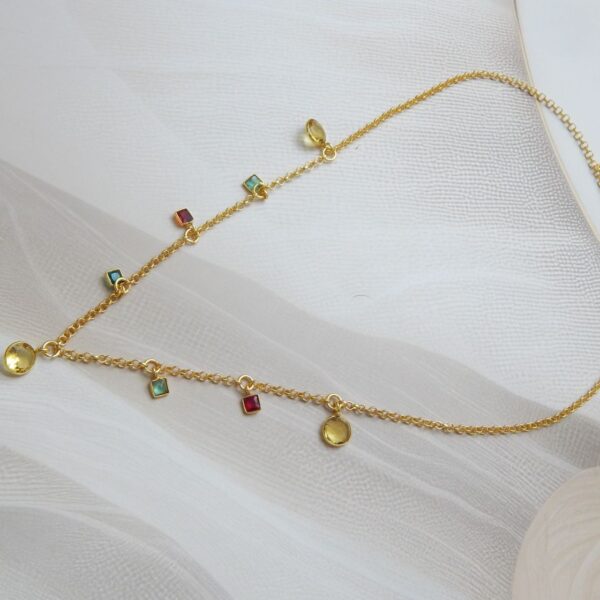 Delicate Gold Chain Necklace with Multicolor Stones and Yellow Drop Charms – Royal Reflection DS