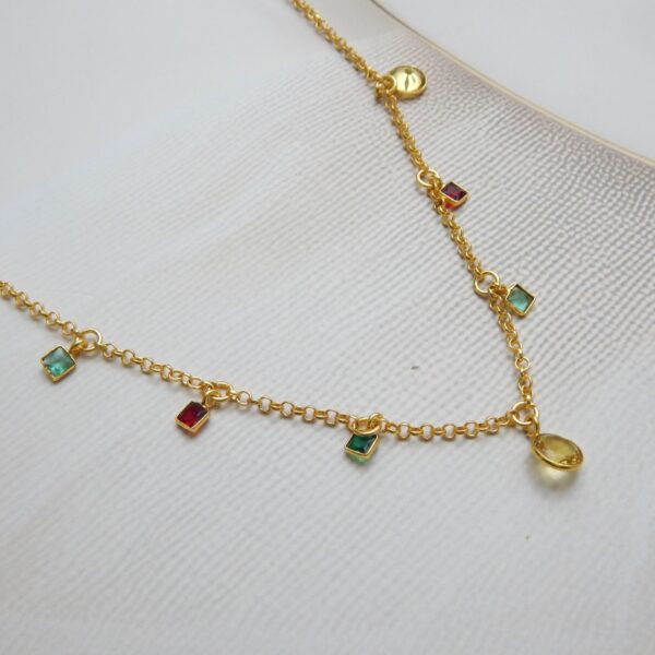 Delicate Gold Chain Necklace with Multicolor Stones and Yellow Drop Charms – Royal Reflection DS