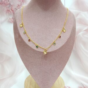 Delicate Gold Chain Necklace with Multicolor Stones and Yellow Drop Charms – Royal Reflection DS