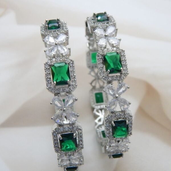 Navratri Green Jewellery - Royal Reflection DS Ornate Bloom Silver Bangles with Emerald Green Stones – Royal Reflection DS