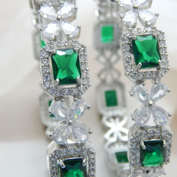 Navratri Green Jewellery - Royal Reflection DS Ornate Bloom Silver Bangles with Emerald Green Stones – Royal Reflection DS