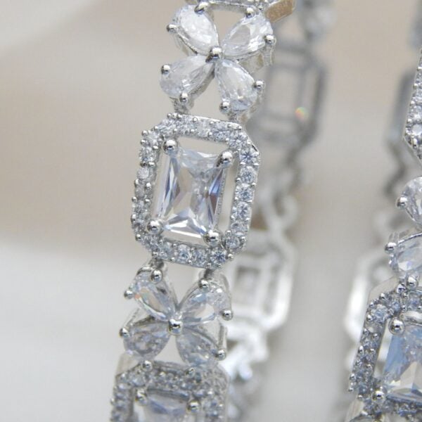 Ornate Bloom Silver Bangles with White Crystals and Petal Accents – Royal Reflection DS