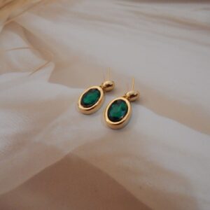 Green Variant: Gold-Tone Brass Oval Drop Earrings with Faceted Emerald Green Gemstone – Royal Reflection DS