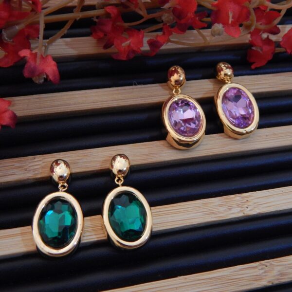 Green Variant: Gold-Tone Brass Oval Drop Earrings with Faceted Emerald Green and Lavender Gemstone – Royal Reflection DS