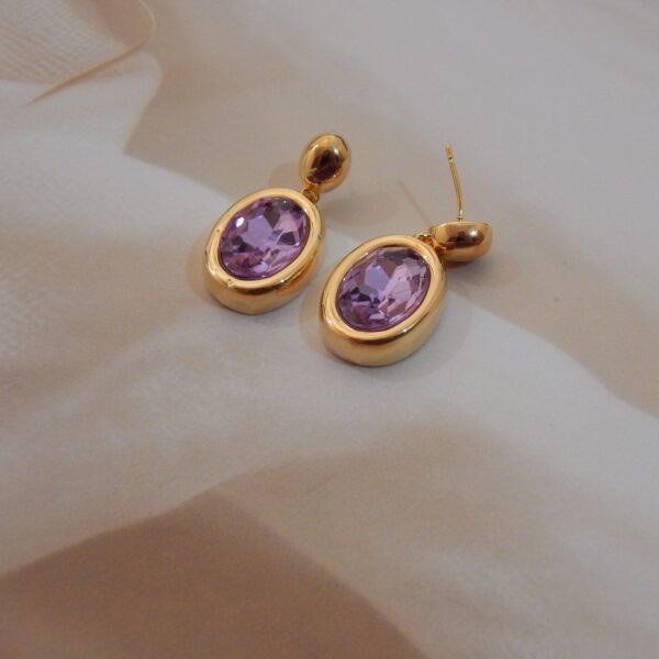 Lavender Variant: Gold-Tone Brass Oval Drop Earrings with Faceted Lavender Gemstone – Royal Reflection DS