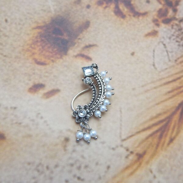 Oxidised silver Nath with pearl drops and white stonework under ₹50