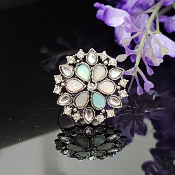 Pastel Garden Oxidised Floral Ring with Mint and White Petals and Crystal Halo – Royal Reflection DS