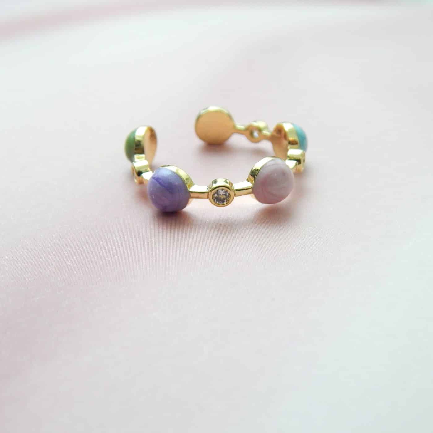 Pastel Pebble Adjustable Gold Ring with Multicolour Enamel Beads and Crystal Accents – Royal Reflection DS