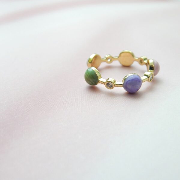 Pastel Pebble Adjustable Gold Ring with Multicolour Enamel Beads and Crystal Accents – Royal Reflection DS