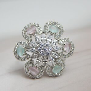 Pastel Petal Floral Statement Ring with Pink and Mint Gemstones – Royal Reflection DS