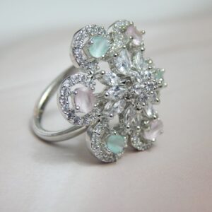 Pastel Petal Floral Statement Ring with Pink and Mint Gemstones – Royal Reflection DS