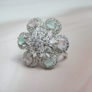 Pastel Petal Floral Statement Ring with Pink and Mint Gemstones – Royal Reflection DS