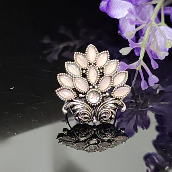 Peach Crest Oxidised Ring with Navette Stones and Ornamental Filigree Base – Royal Reflection DS