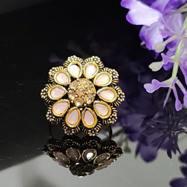 Antique Gold-Tone Peach Petal Floral Ring with Crystal Center – Royal Reflection DS