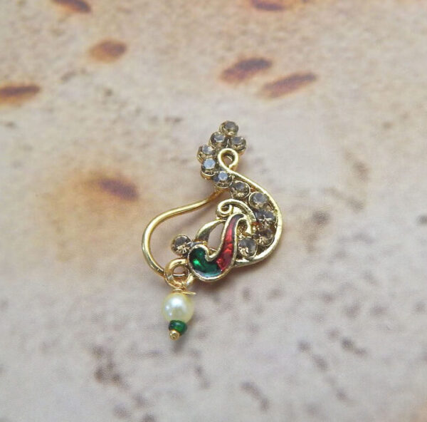 Peacock-inspired gold-plated Nath with green and red enamel detailing and pearl drop