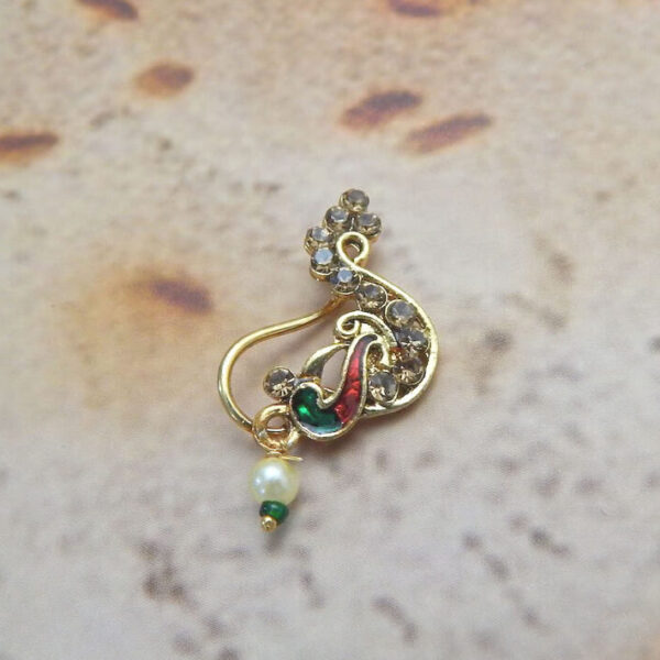 Peacock-inspired gold-plated Nath with green and red enamel detailing and pearl drop