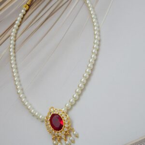 Elegant Pearl Beaded Necklace with Red Gemstone Drop Pendant – Royal Reflection DS