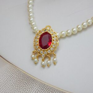 Elegant Pearl Beaded Necklace with Red Gemstone Drop Pendant – Royal Reflection DS