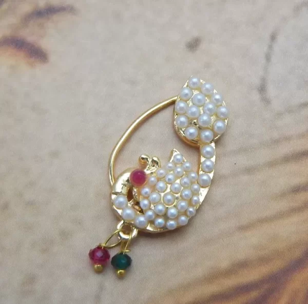 Golden drop-shaped Nath with clustered white pearls and floral top under ₹70 – imitation jewellery