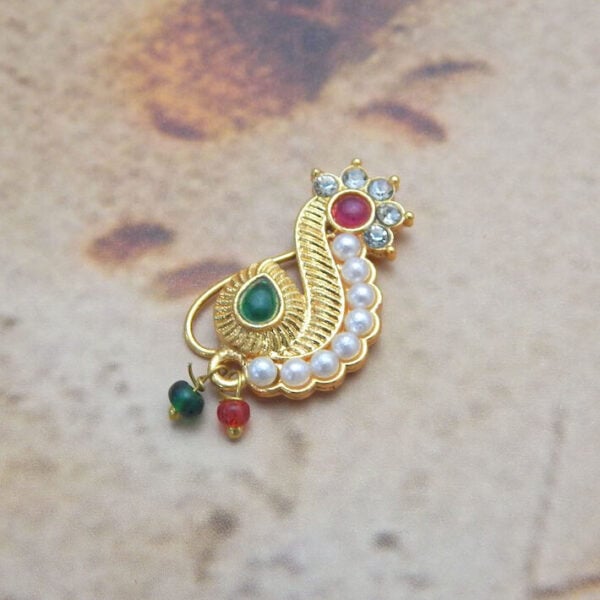 Budget gold-plated Nath with white pearls, green center stone, and red accent under ₹50
