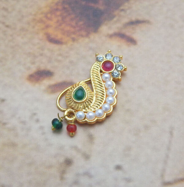 Budget gold-plated Nath with white pearls, green center stone, and red accent under ₹50