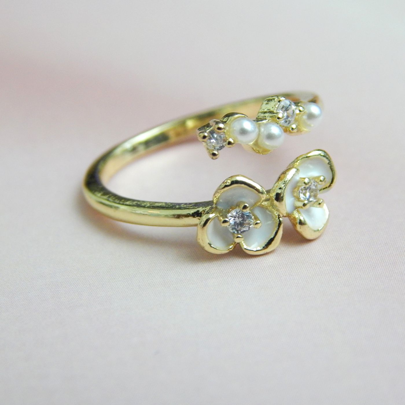 Pearl Petal Adjustable Wrap Ring with White Enamel Floral and Pearl Accents – Royal Reflection DS