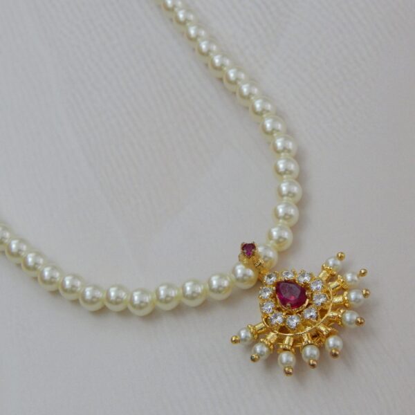 Sunburst Pearl Necklace with Ruby and White Stone Pendant – Royal Reflection DS