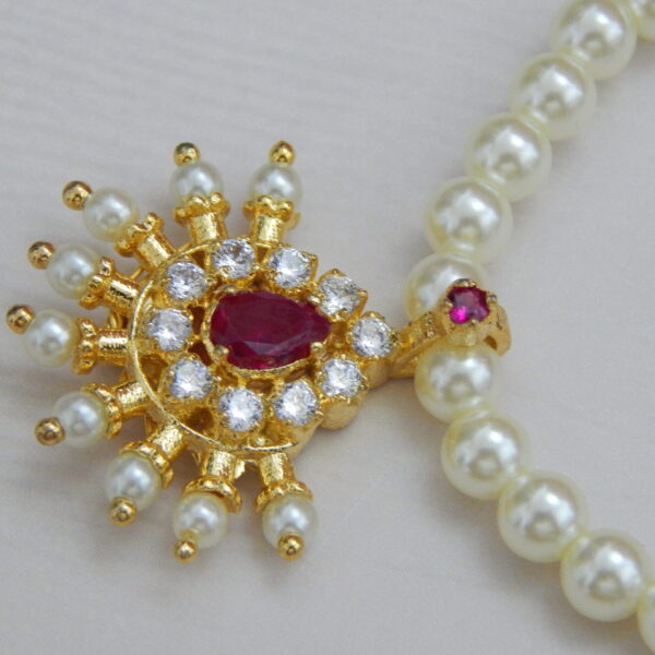 Sunburst Pearl Necklace with Ruby and White Stone Pendant – Royal Reflection DS