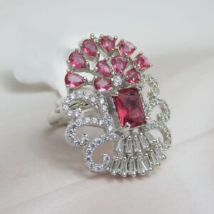Pink Plume Regal Ring with Fan-Shaped Design and Clustered Pink Stones – Royal Reflection DS