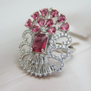 Pink Plume Regal Ring with Fan-Shaped Design and Clustered Pink Stones – Royal Reflection DS