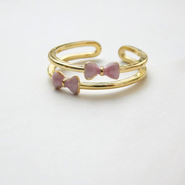 Pink Twin Bow Adjustable Ring with Double Gold Band and Enamel Accents – Royal Reflection DS